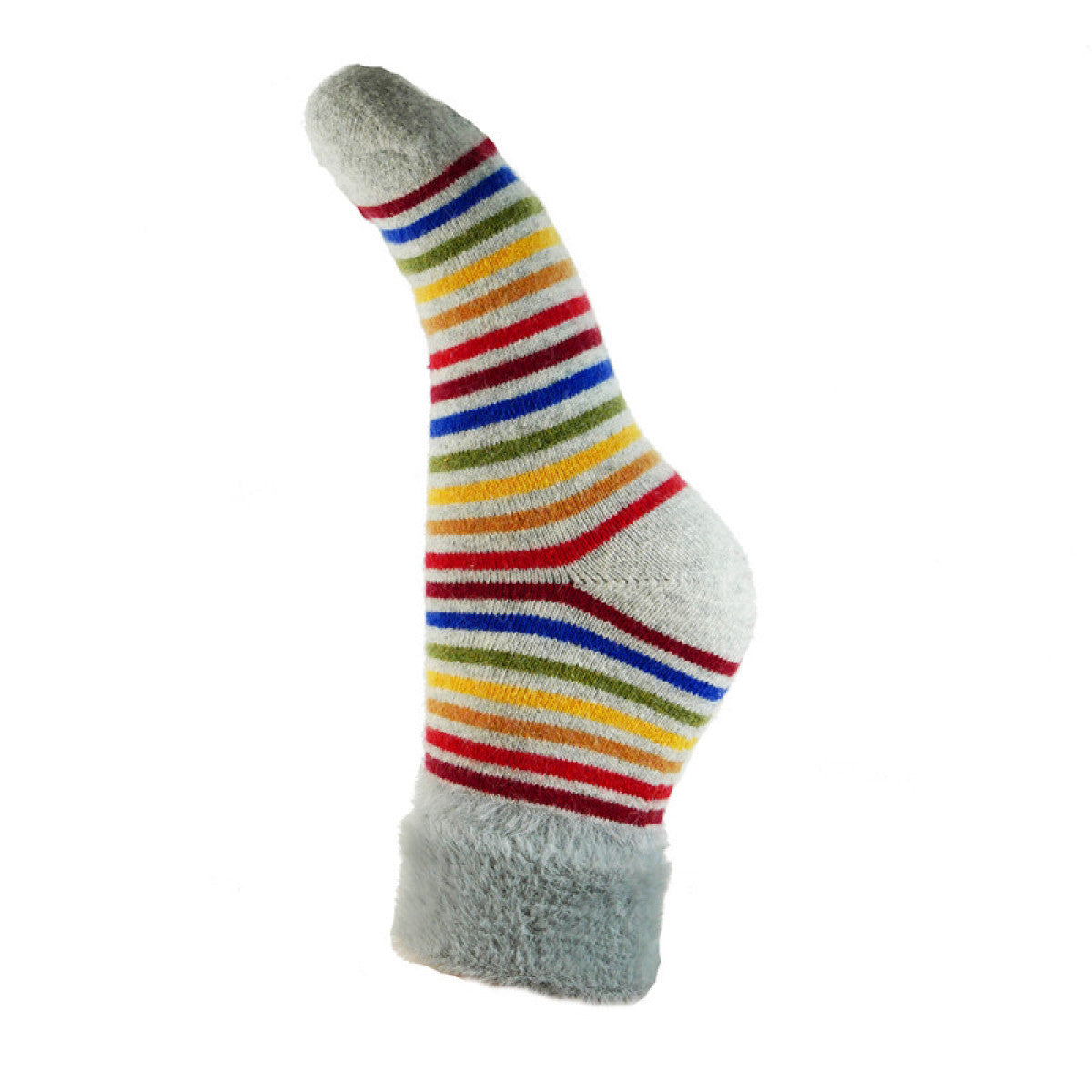 Ladies Faux Fur Cuff Sock - Grey/Multi Colour Stripes