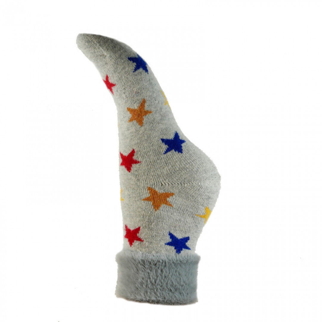 Ladies Faux Fur Cuff Sock - Grey/Multi Colour Stars
