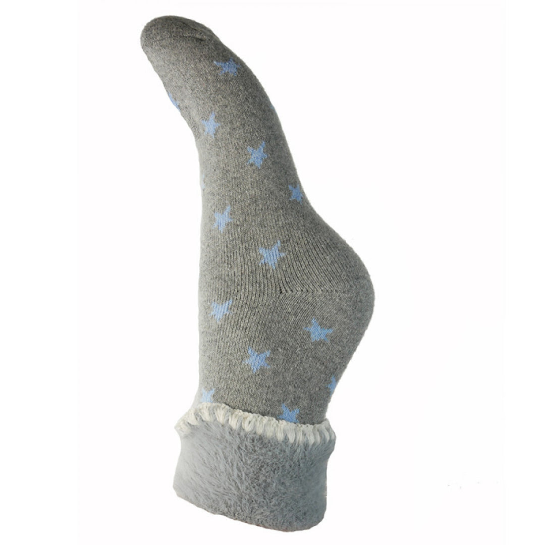 Ladies Faux Fur Cuff Sock - Grey/Blue Stars