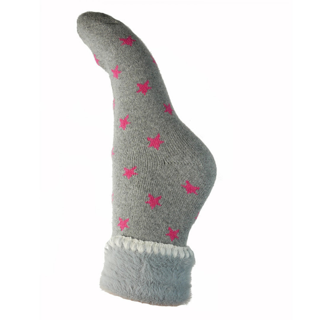 Ladies Faux Fur Cuff Sock - Grey/Pink Stars