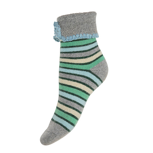 Ladies Cuff Sock -Grey/Green/Blue Stripes