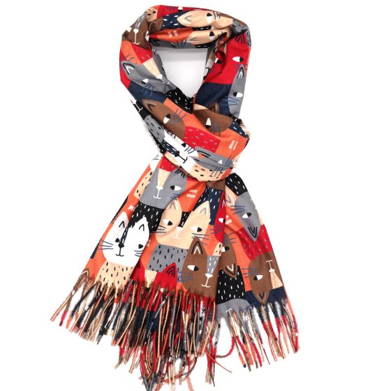 Soft Scarf With A Funky Cat Design  - Burnt Orange