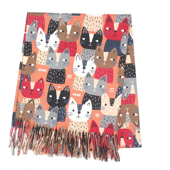 Soft Scarf With A Funky Cat Design  - Burnt Orange