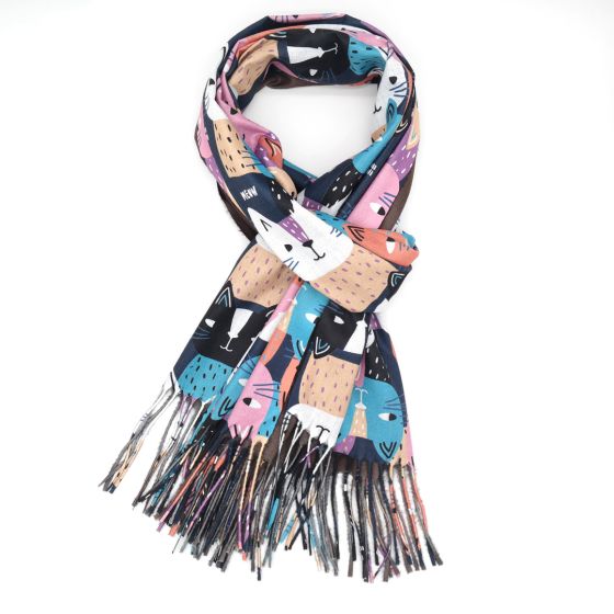 Soft Scarf With A Funky Cat Pattern - Navy