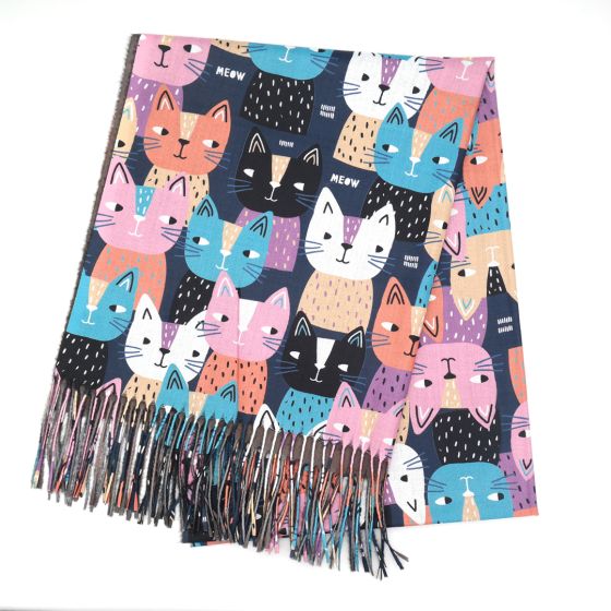 Soft Scarf With A Funky Cat Pattern - Navy