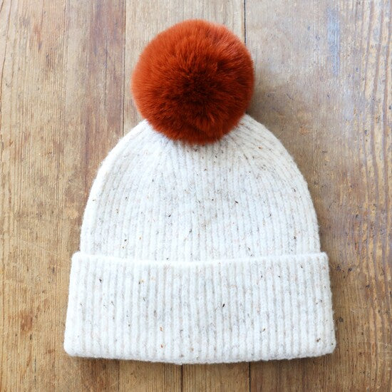 Natural Marled Winter Hat with Pompom