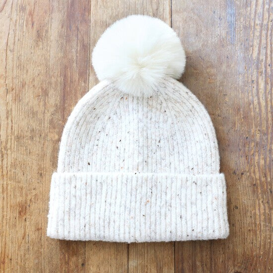 Natural Marled Winter Hat with Pompom
