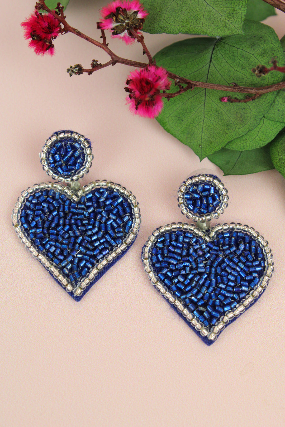 Blue Beaded Heart Earrings