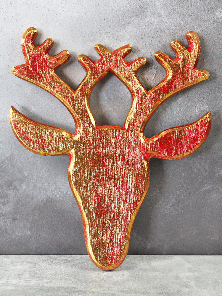 Wooden Deer Head Wall Plaque - Red/Gold