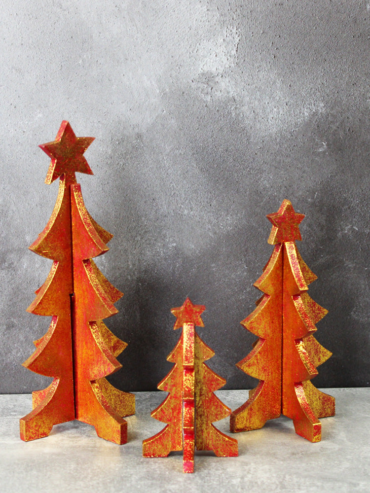 Medium Wooden Christmas Tree - Red/Gold