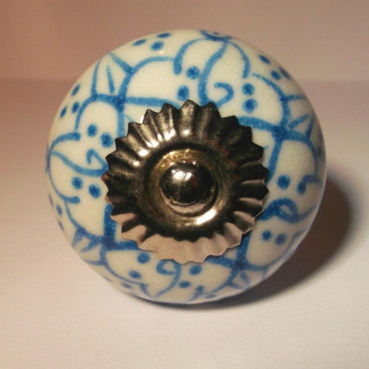 White with Light Blue Flower Knob