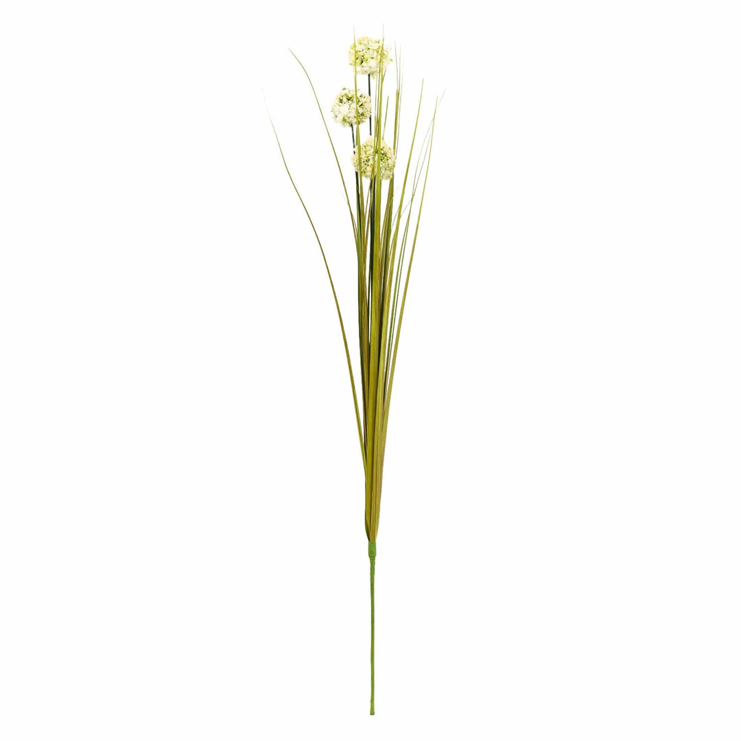 Single Stem Faux Grass with 3 Billy Button Heads - White