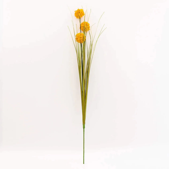 Single Stem Faux Grass with 3 Billy Button Heads - Yellow
