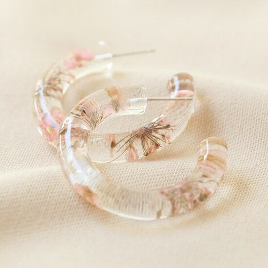 Pink Dried Flower Resin Hoop Earrings