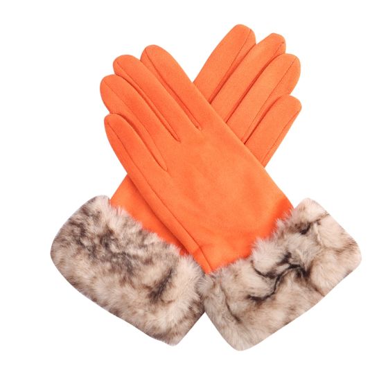Winter Gloves - Faux Fur Trim / Orange