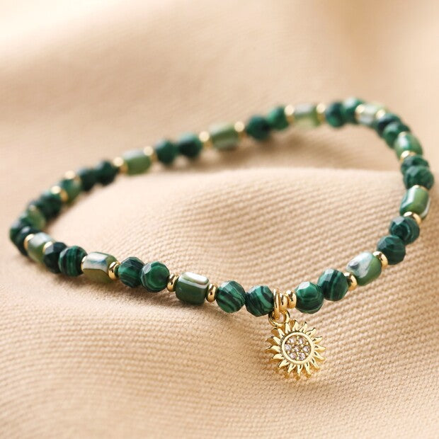 Green Semi Precious Stone Bracelet With Sun Charm