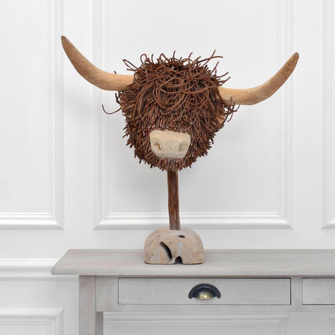 Highland Cow Head Wooden Sculpture