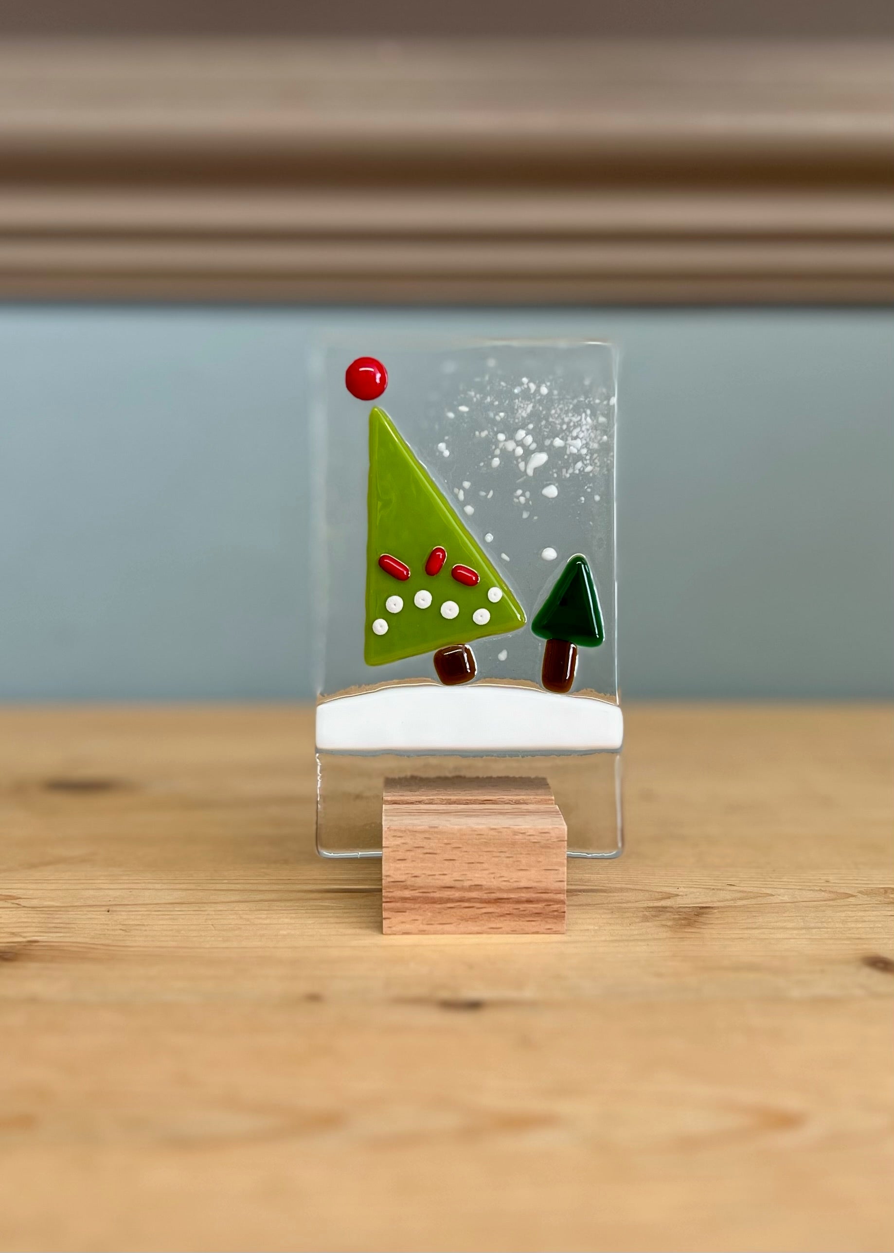 Standing Trees in Snow Fused Glass Ornament