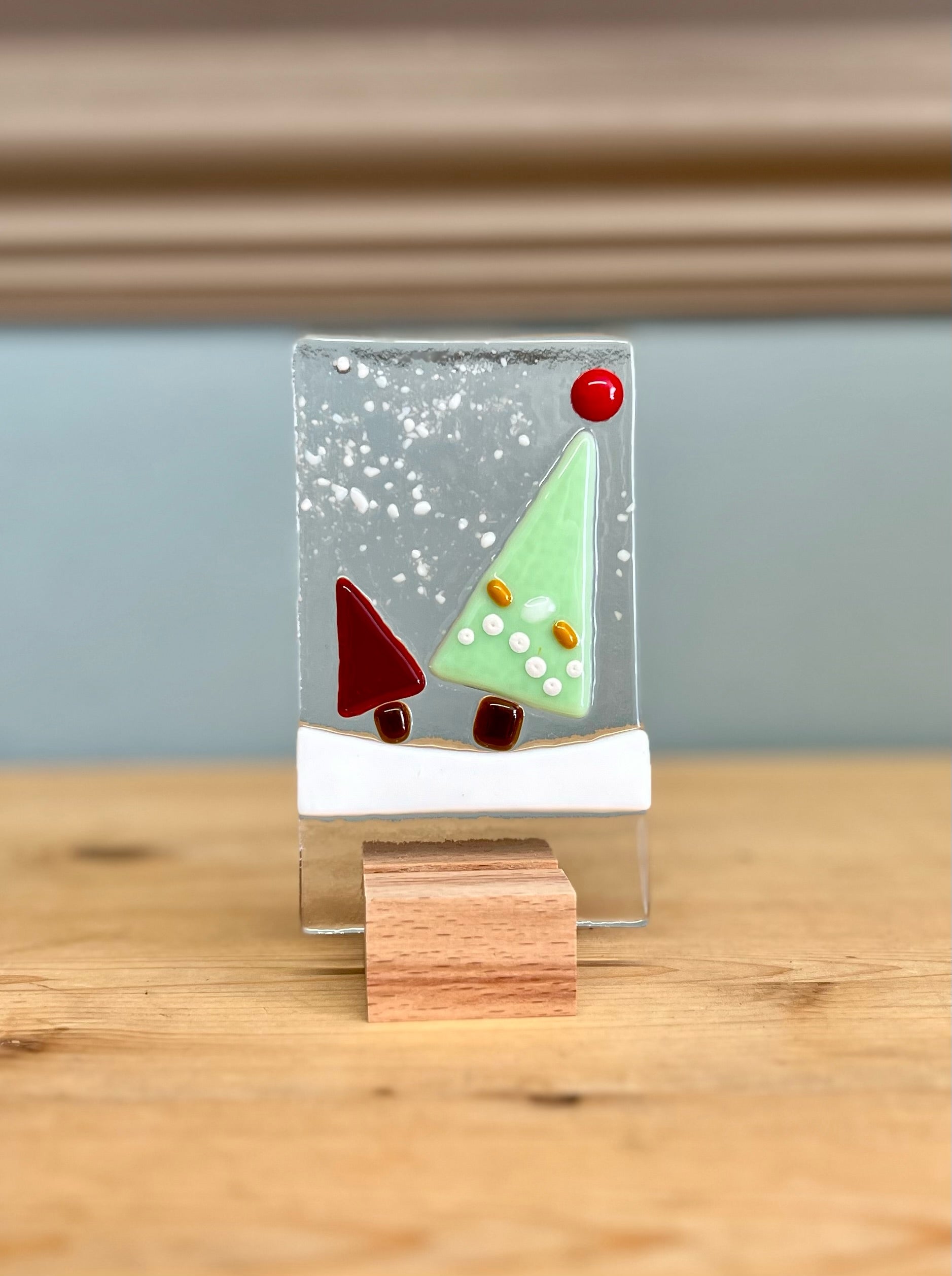 Standing Trees in Snow Fused Glass Ornament