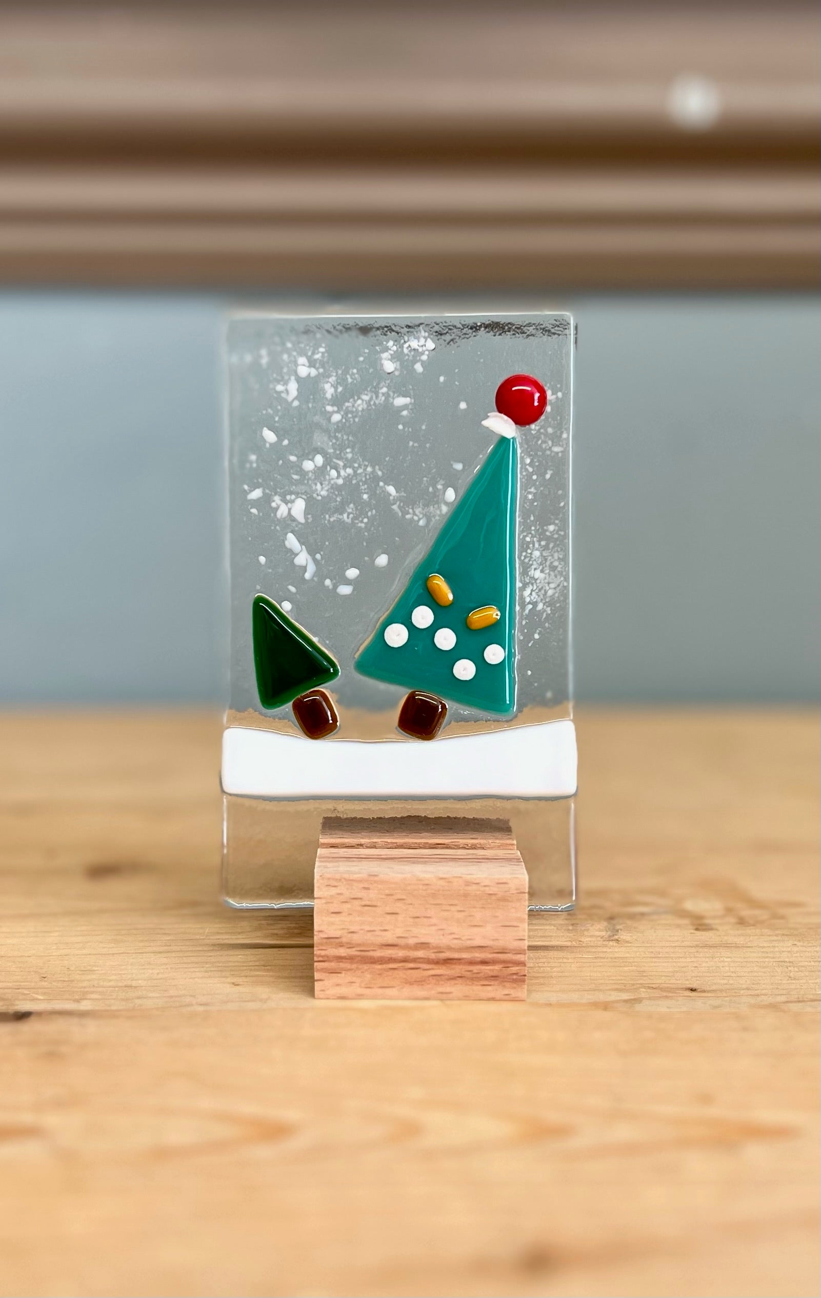 Standing Trees in Snow Fused Glass Ornament