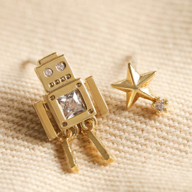 Mismatched Robot and Star Stud  Earrings