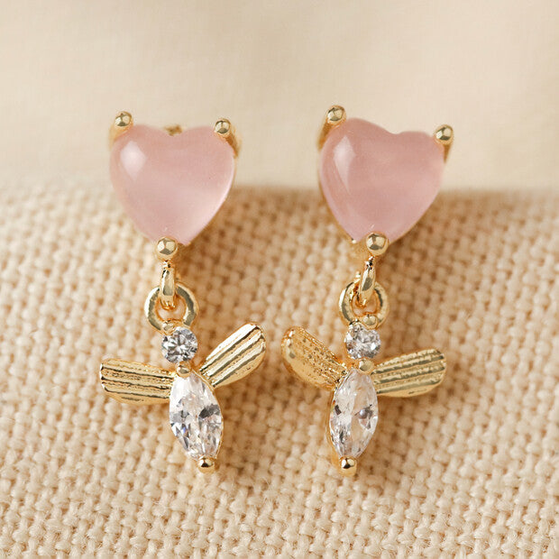 Pink Crystal Heart Bee Drop Earrings
