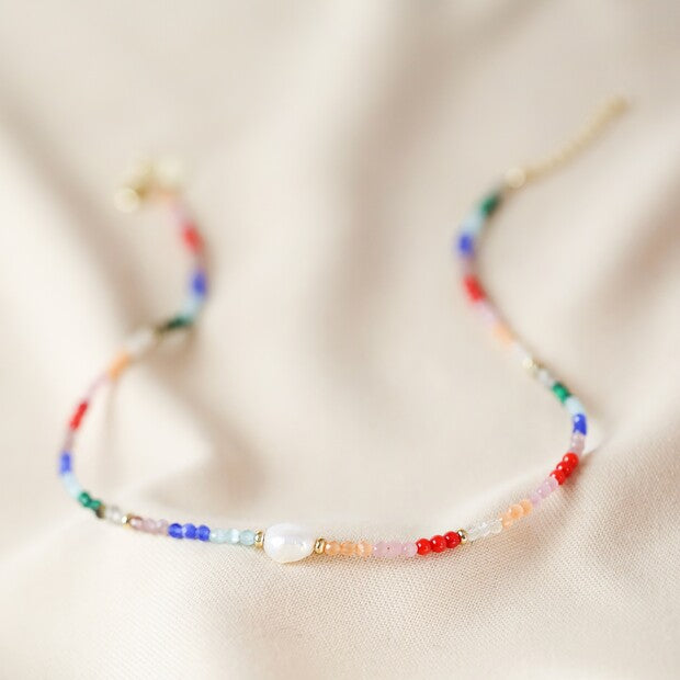 Rainbow beads and Freshwater Pearl Necklace