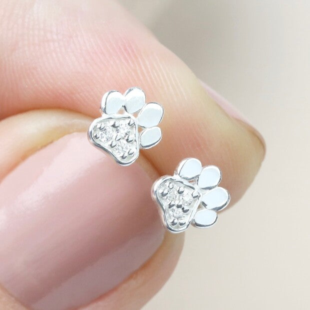 Sterling Silver and Crystal Paw Stud Earrings