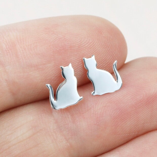 Sterling Silver Shiny Cat Stud Earrings