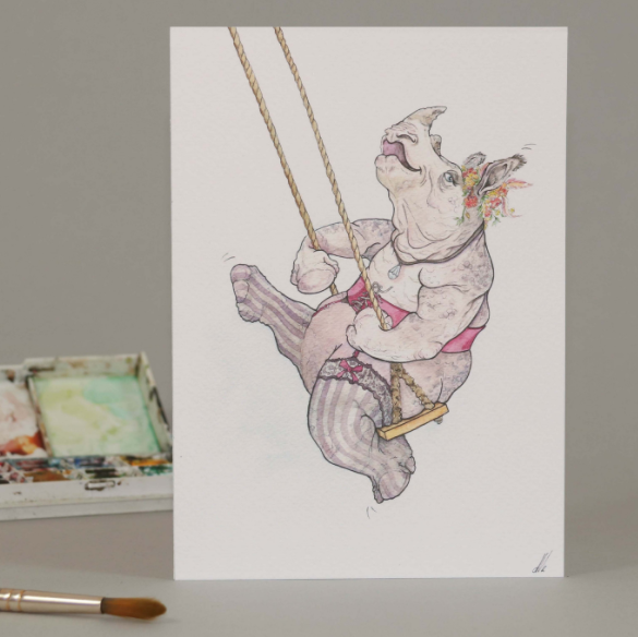 Swinging Rhino Greetings Card