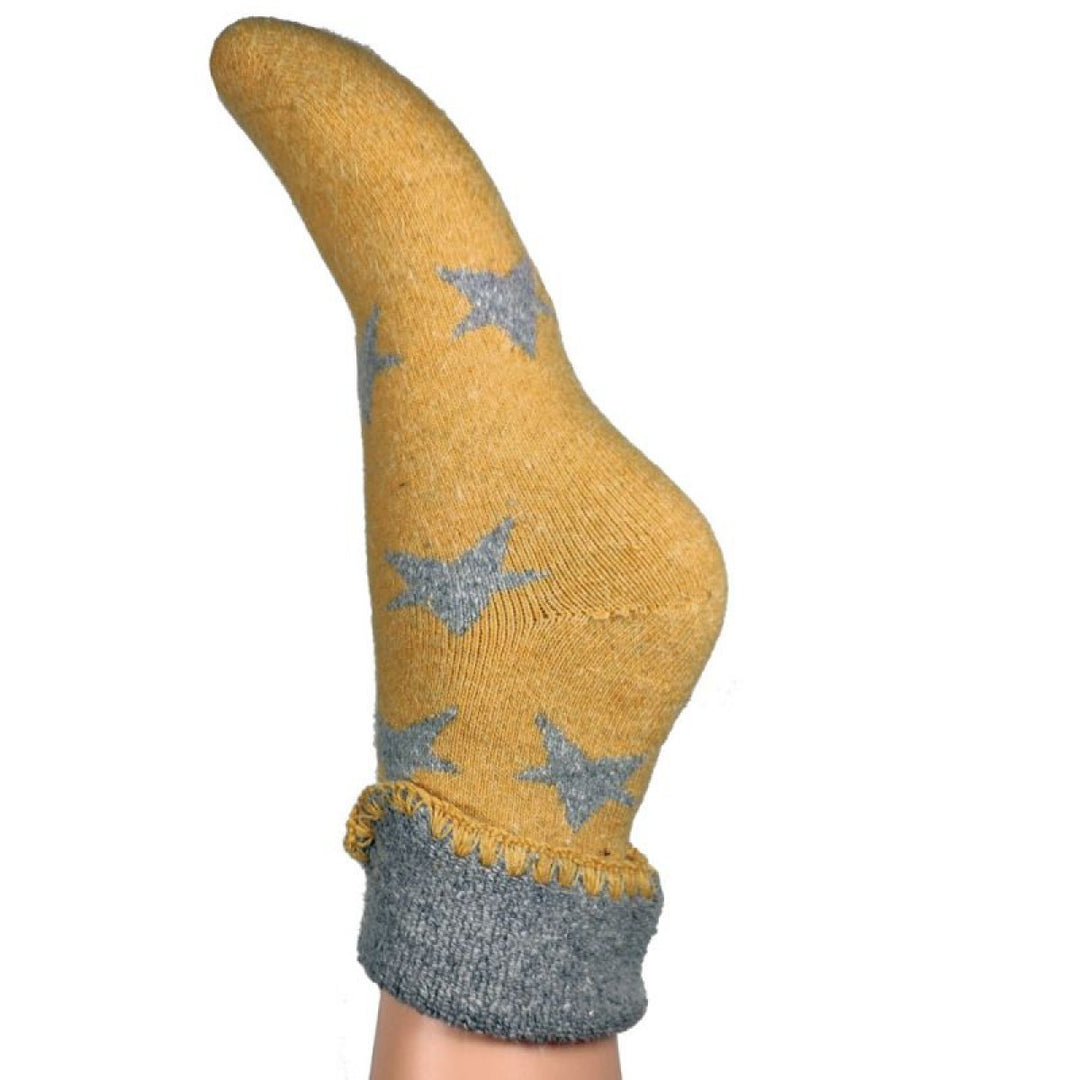 Ladies Cuff Sock - Mustard/Grey Stars